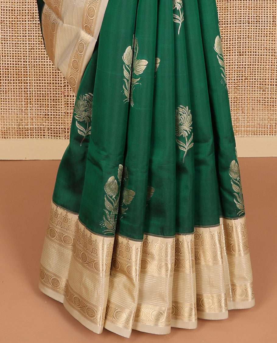 Bottle green floral design vasundhara elite silk saree with contrast traditional zari design border & floral zari design pallu