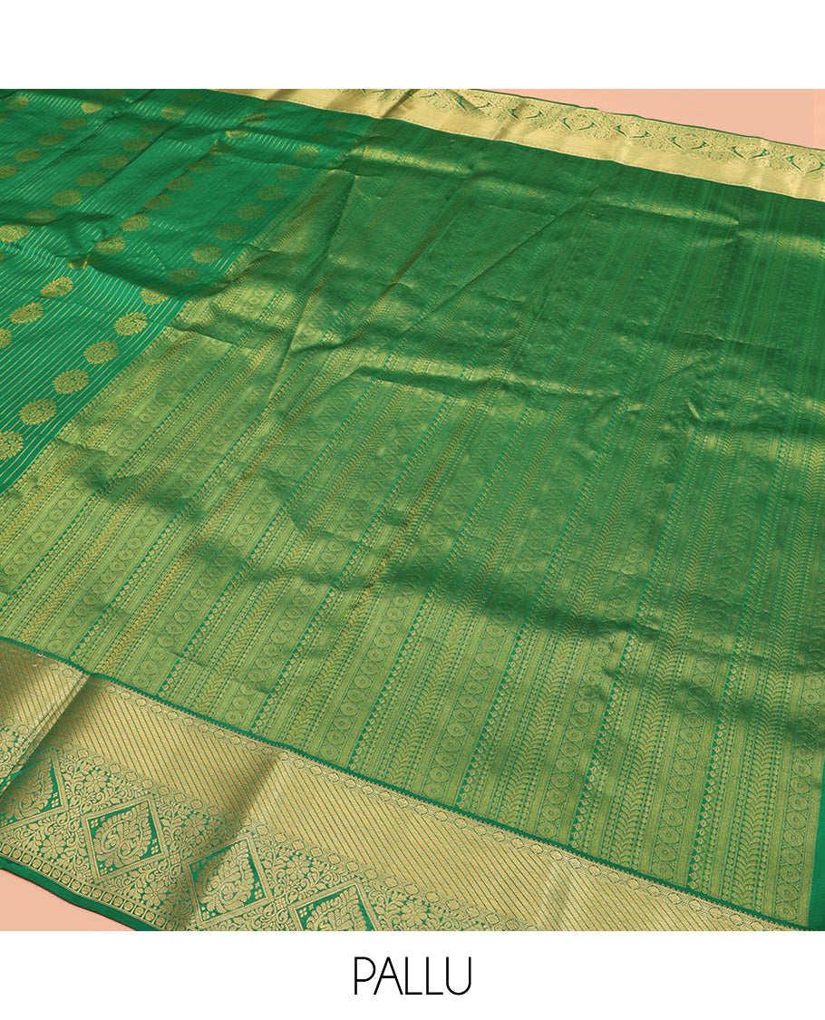 Green Vasundhara Lite Silk Mix Saree, Subtly Sparkled with Zari Buttas All Over Its Body, Complemented by Zari Border, Grand Pallu Steeped with Traditional Designs, and Paired with a Matching Blouse