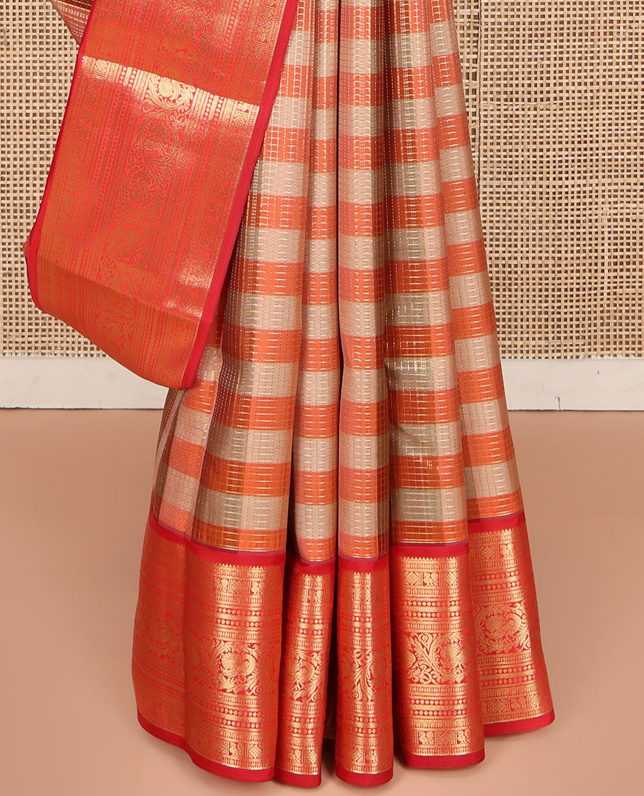 Grey-Orange Striped Vasundhara Lite Silk Mix Saree, Gleamed Up with a Zari Checks on Its Body, Complemented by a Contrast Border of Rekku, Diamond, Mayil, and Kodi Mayil Designs, Gleaming Zari Pallu, and Paired with a Contrast Blouse