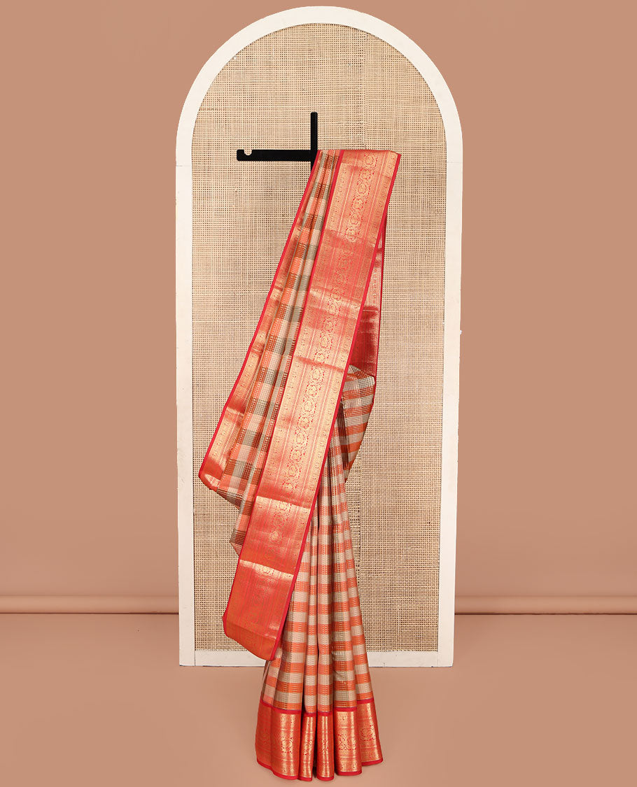 Grey-Orange Striped Vasundhara Lite Silk Mix Saree, Gleamed Up with a Zari Checks on Its Body, Complemented by a Contrast Border of Rekku, Diamond, Mayil, and Kodi Mayil Designs, Gleaming Zari Pallu, and Paired with a Contrast Blouse