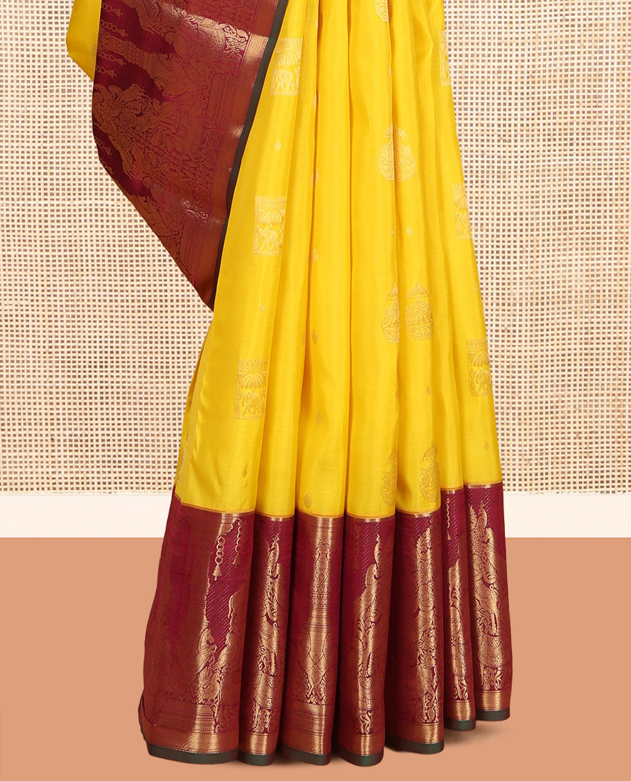 Yellow Vasundhara Lite Silk Mix Saree, Sparsely Woven with Zari Buttas, Contrast Border of Divine and Mythological Animal Characters, Grand Pallu, and a Contrast Blouse