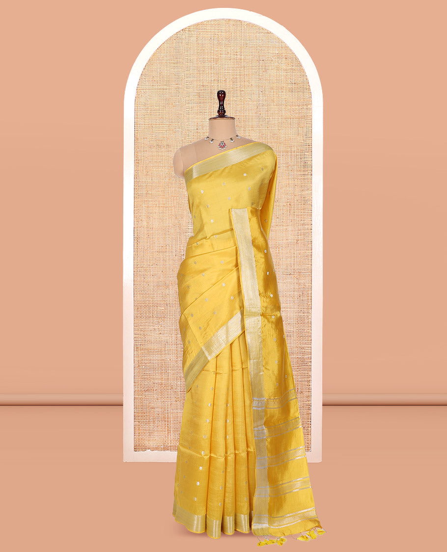 Yellow Banana Pith Saree, Adorned with Buttas, a Zari Border, Striped Pallu, and Matching Blouse