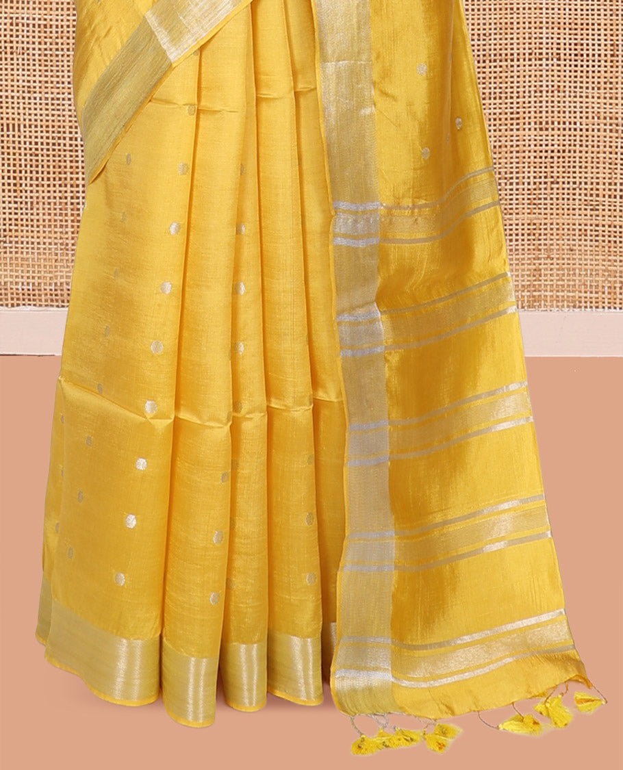 Yellow Banana Pith Saree, Adorned with Buttas, a Zari Border, Striped Pallu, and Matching Blouse