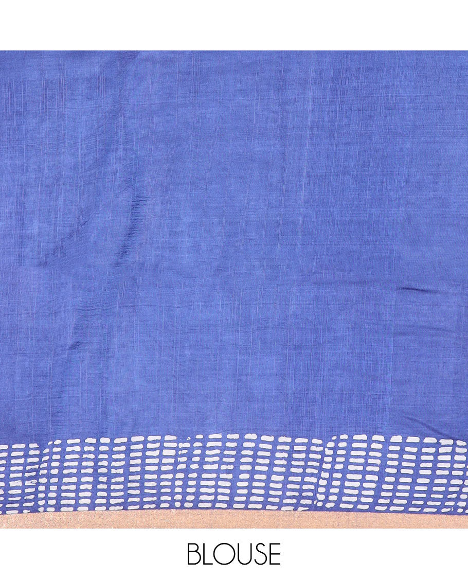 Blue floral and geometric printed banana pith saree, zari border, and printed pallu
