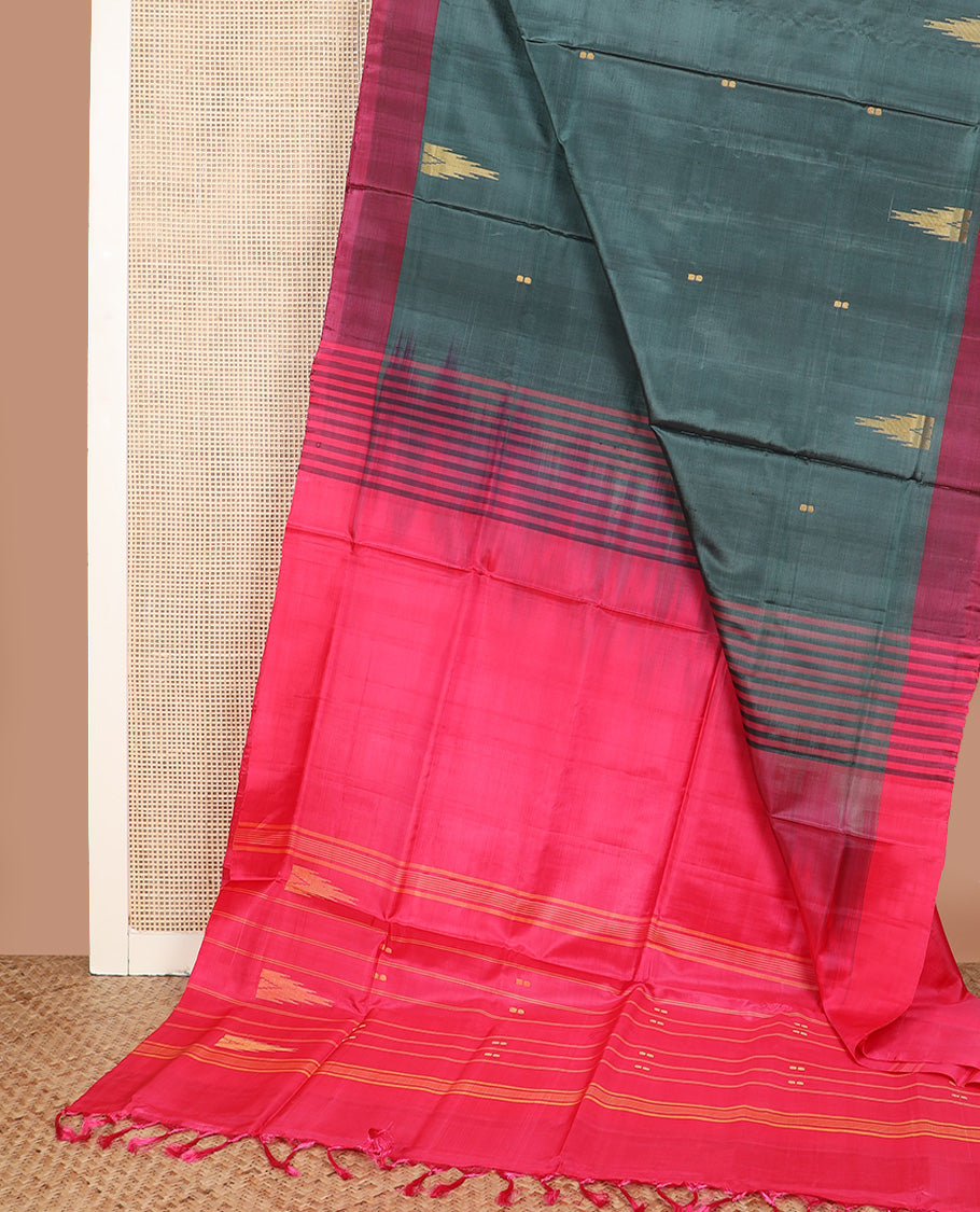 Green buttas Banana pith saree, contrast plain border, and pallu of stripes, and buttas
