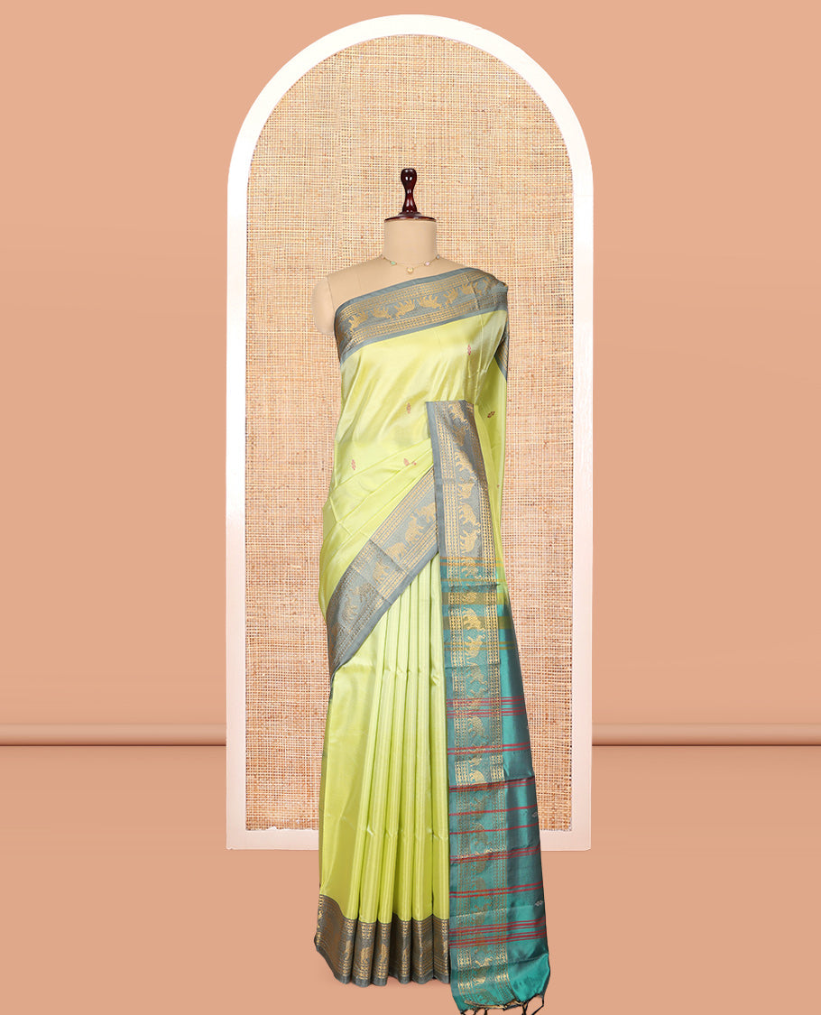 Green Banana Pith Saree, Subtly Woven with Thread Buttas, a Contrast Traditional Zari Border, Pallu of Stripes and Buttas, and a Contrast Blouse