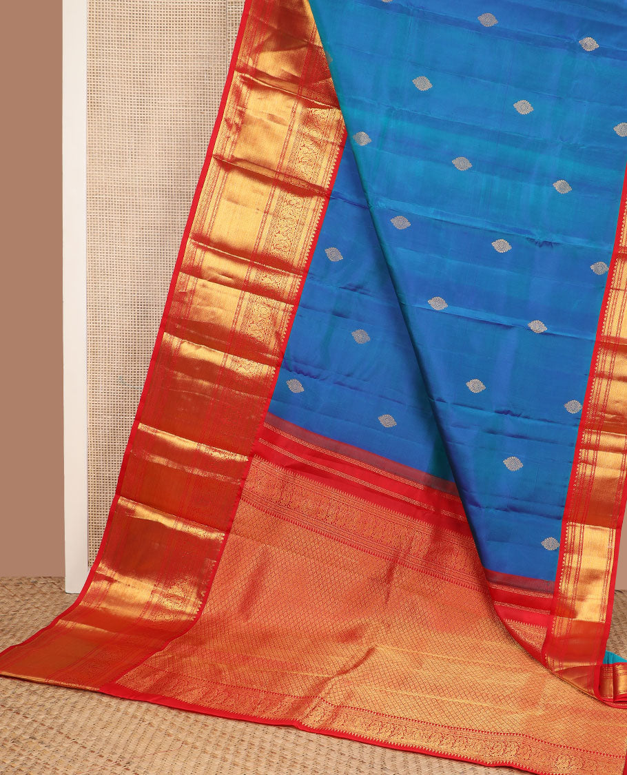 Blue zari buttas silk saree, contrast big border steeped with traditional kanchi designs & zari-rich jaal pallu