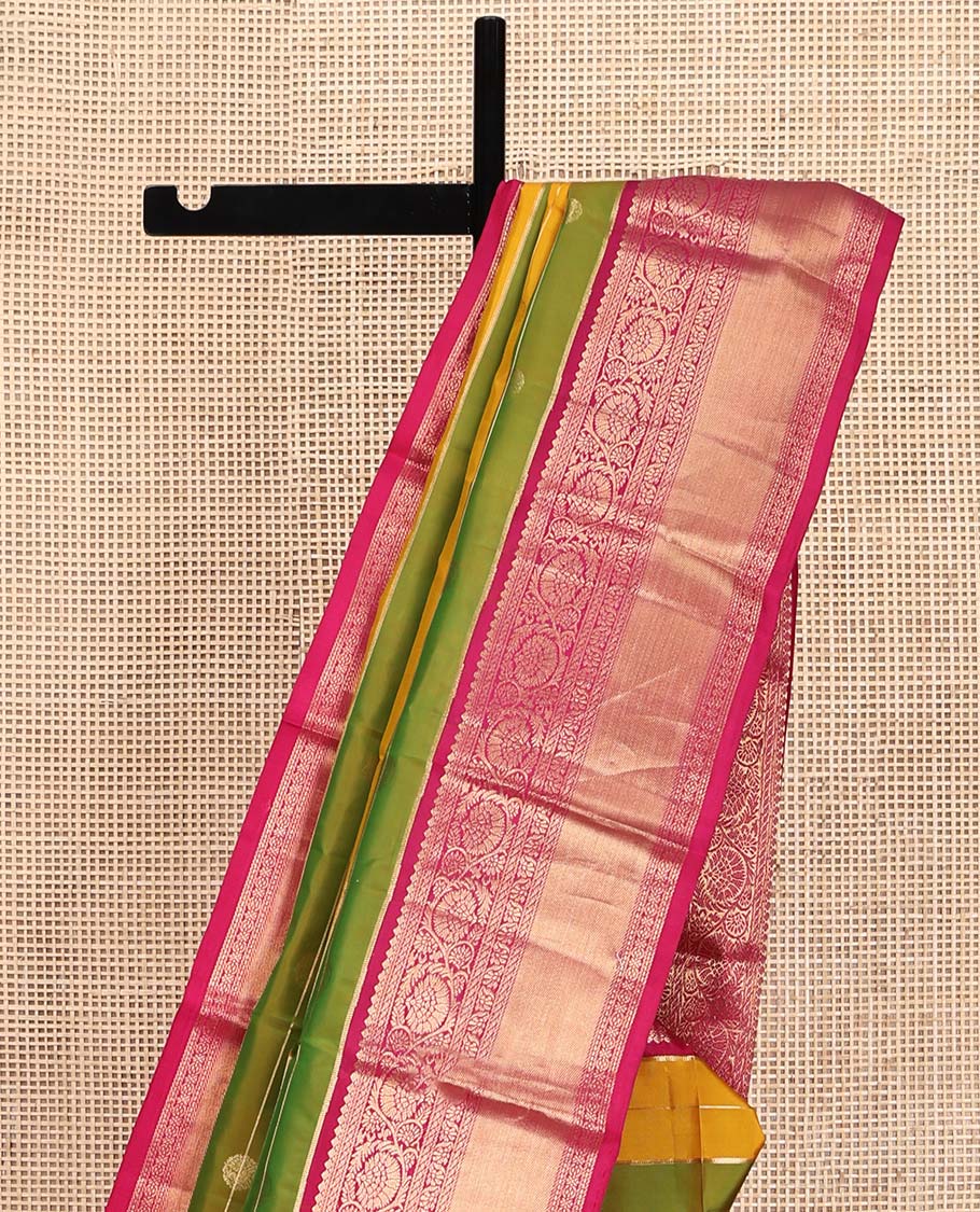 Green-Yellow Vasundhara Silk Saree, Embellished with Zari Buttas and Zari Stripes All Over Its Body, Complemented by a Contrast Border of Thilakam Mokku, Banaras, Muthu, and Kodi Visiry Designs, Pallu of Vanki Designs, and Paired with a Contrast Blouse