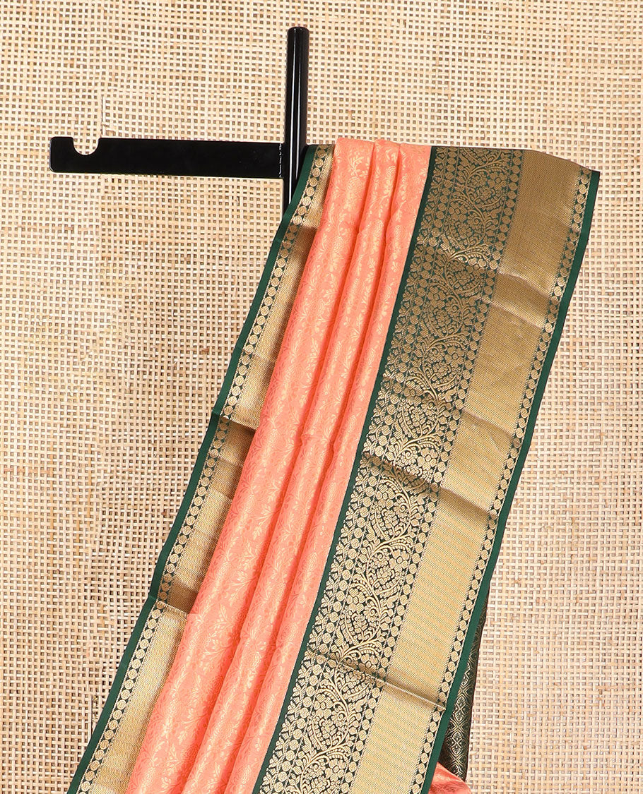 Peach floral design kancheepuram silk saree with contrast border of intricate zari design border & floral design pallu
