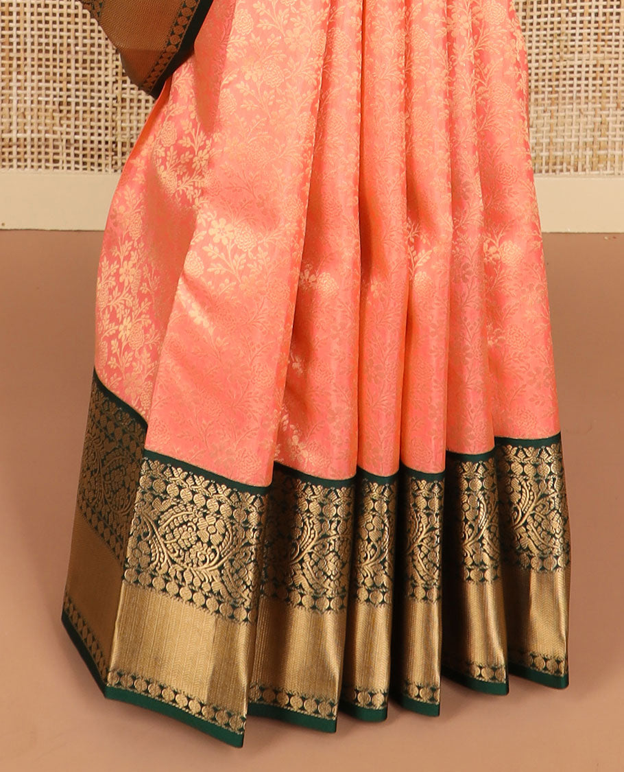 Peach floral design kancheepuram silk saree with contrast border of intricate zari design border & floral design pallu