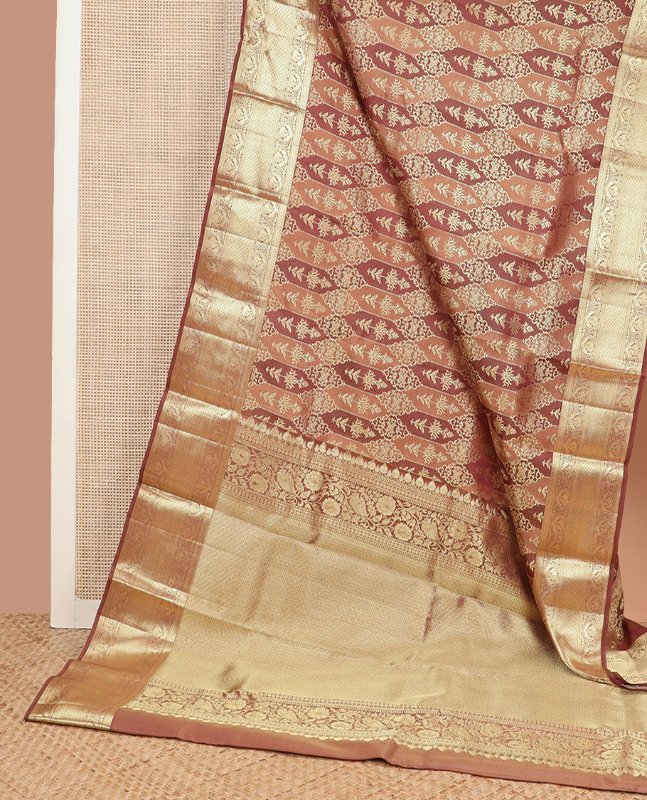 Brown rangkat style jacquard Kanchipuram wedding silk saree, traditional zari border, and pallu of jaal in zari