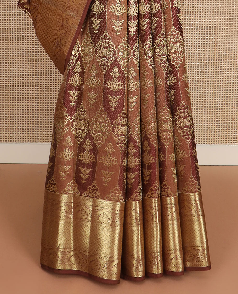 Brown rangkat style jacquard Kanchipuram wedding silk saree, traditional zari border, and pallu of jaal in zari