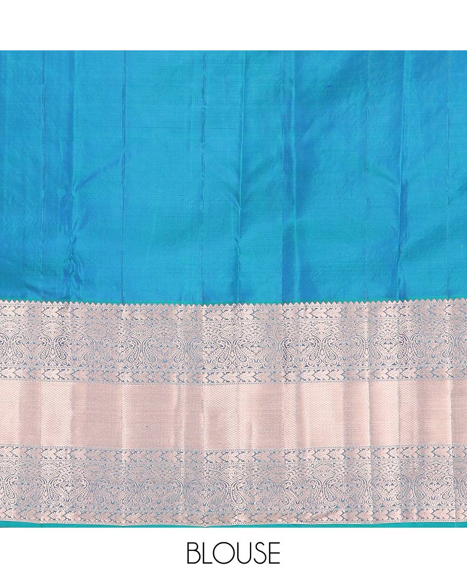 Blue jacquard Kanchipuram wedding silk saree, zari border of rekku, muthu, manga, and mayil kan designs, and intricate zari pallu
