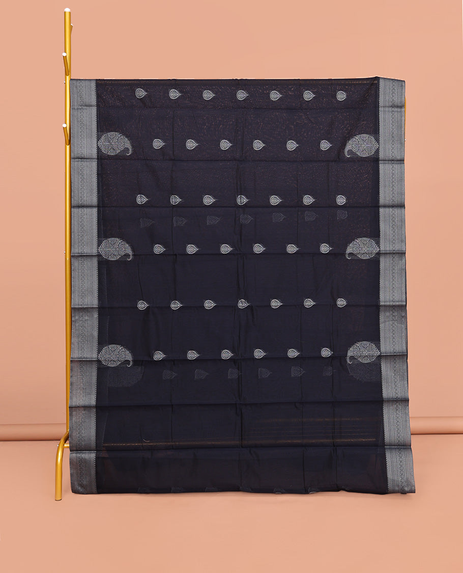 Navy Blue Semi-Silk Cotton Saree, Delicately Designed with Buttas All Over Its Body, Traditional Design Border of Paisleys, Geometric-Patterned Pallu, and Paired with a Matching Blouse