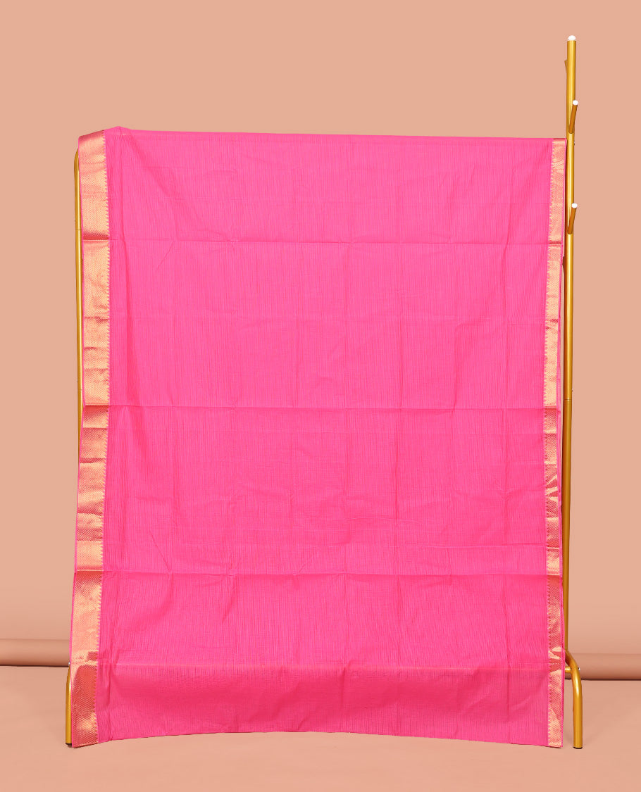 Pink Sparsely Striped Mangalgiri Cotton Saree, Highlighted by a Zari Border, Gleaming Zari-Striped Pallu, and Paired with a Matching Blouse