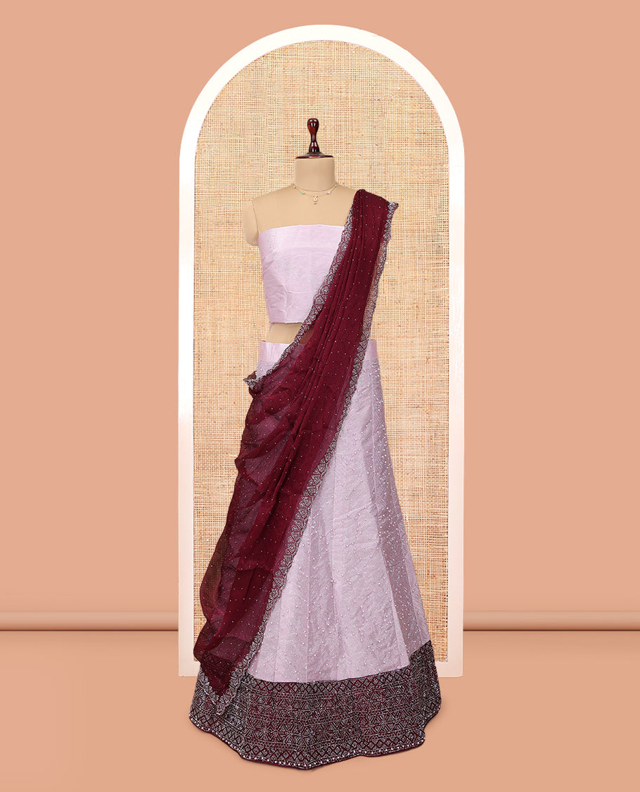 Light Lavender Banarasi Half-Saree, Finely Crafted with Bead Work Skirt, a Contrast Stone Work Border, Matching Blouse, and Contrast Scallop Stone Work Dupatta