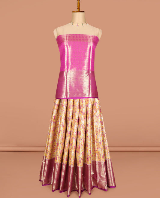 Orange floral jacquard art silk half-saree, contrast zari design dhavani, zari border & blouse of traditional designs