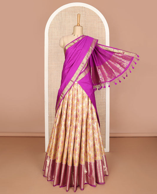 Orange floral jacquard art silk half-saree, contrast zari design dhavani, zari border & blouse of traditional designs