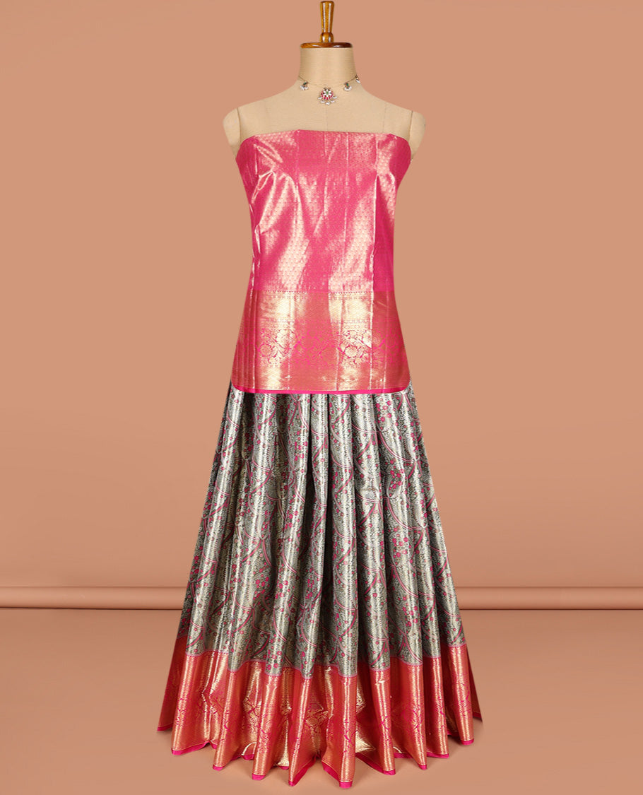 Grey art silk half-saree pavadai material, jacquard with contrast traditional border skirt, jacquard blouse, and zari design dhavani