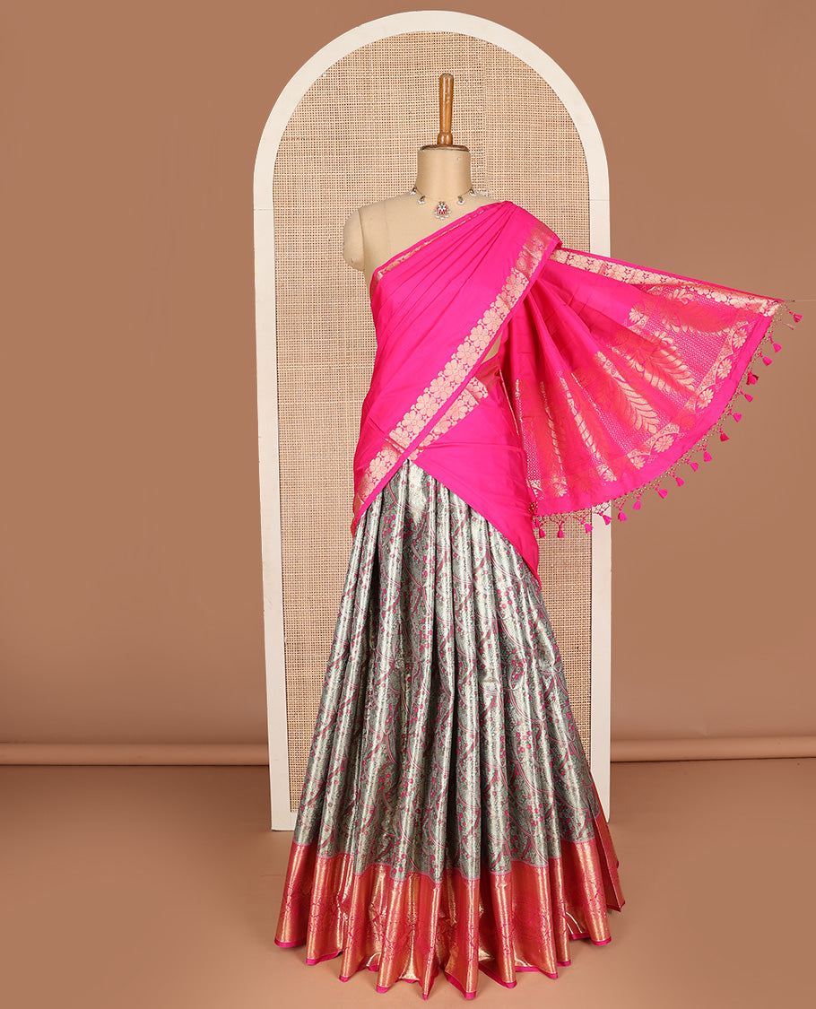 Grey art silk half-saree pavadai material, jacquard with contrast traditional border skirt, jacquard blouse, and zari design dhavani