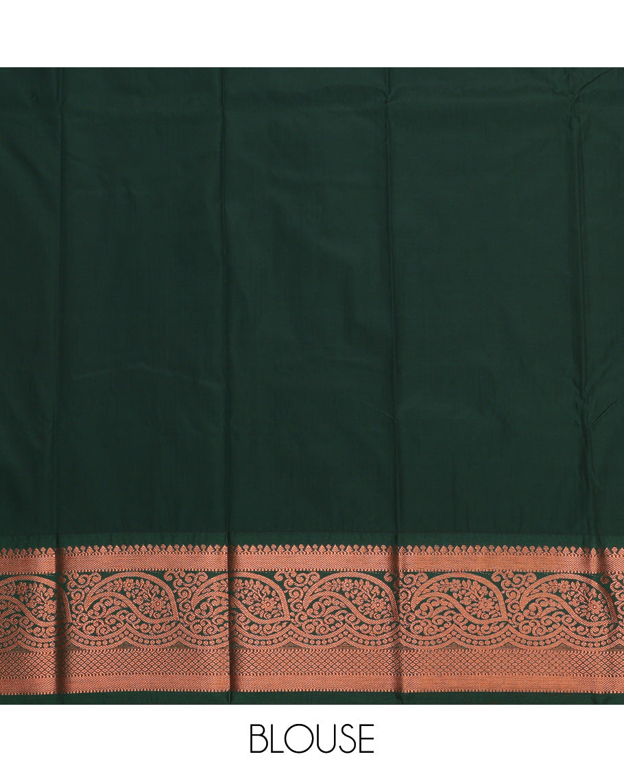 Orange art silk pavadai set, zari design with contrast traditional zari bordered skirt and a contrast zari border blouse