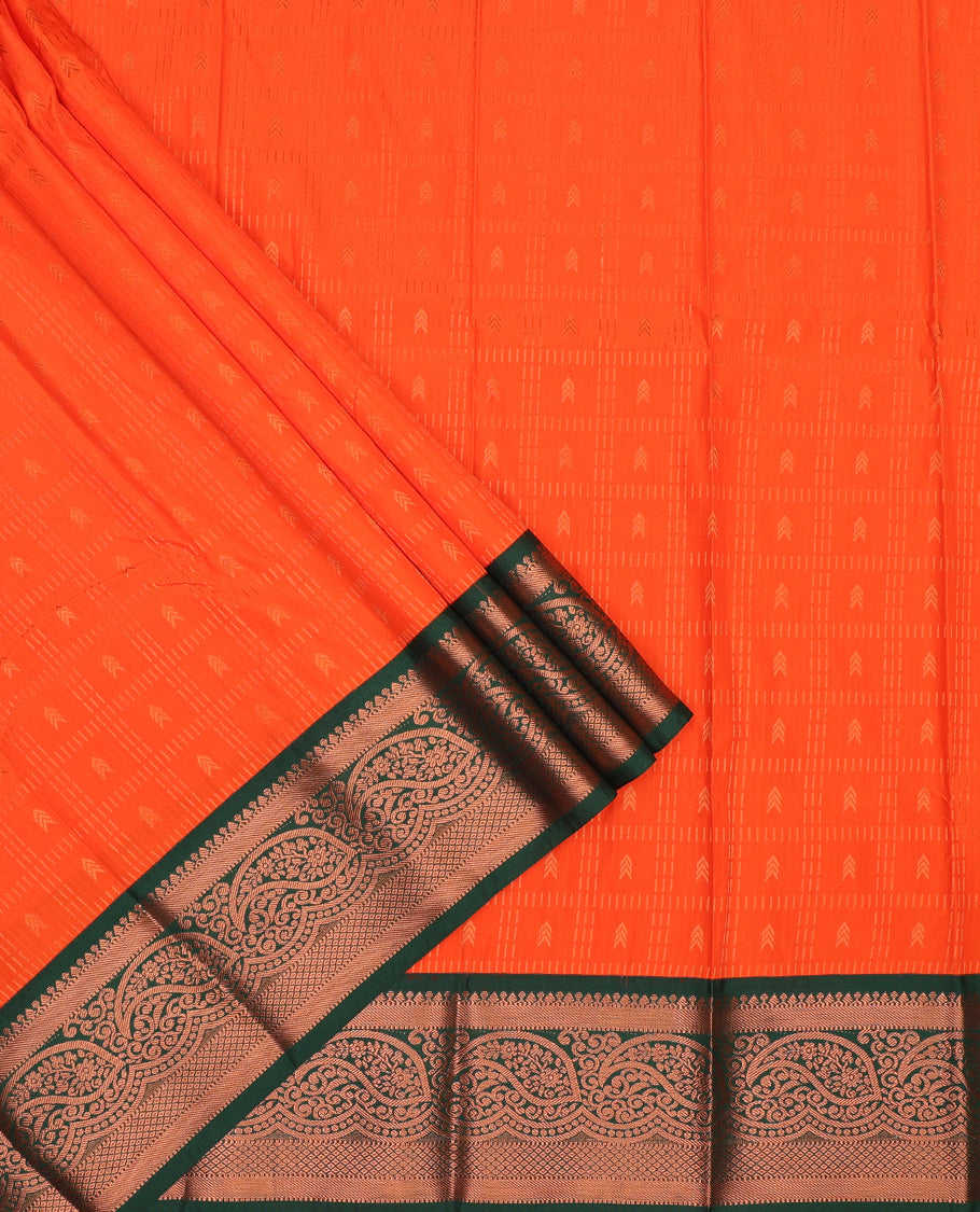 Orange art silk pavadai set, zari design with contrast traditional zari bordered skirt and a contrast zari border blouse