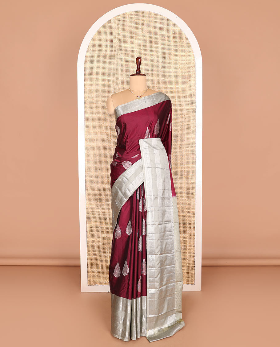 Maroon zari buttas budget silk saree, contrast traditional zari design border, and pallu of paisleys, and jaal design