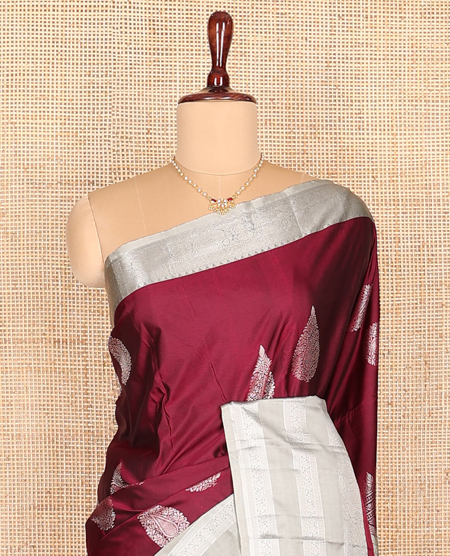 Maroon zari buttas budget silk saree, contrast traditional zari design border, and pallu of paisleys, and jaal design