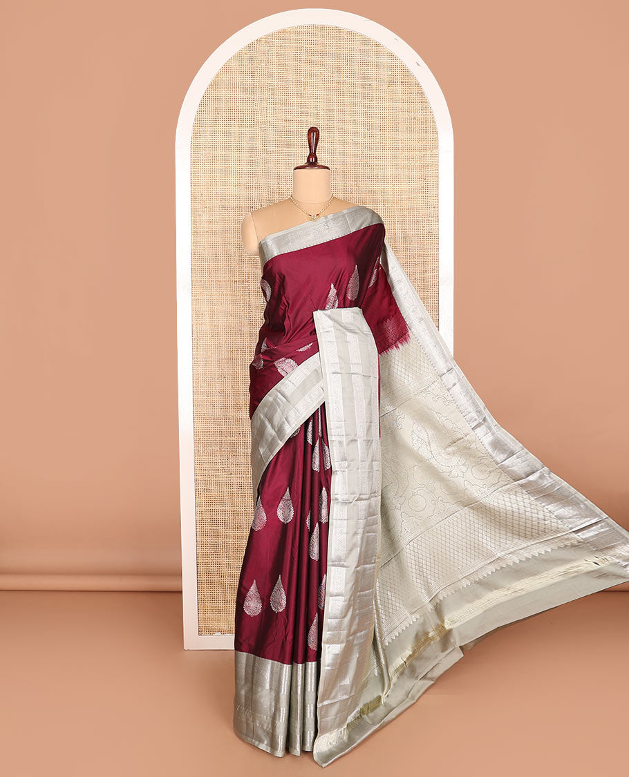 Maroon zari buttas budget silk saree, contrast traditional zari design border, and pallu of paisleys, and jaal design