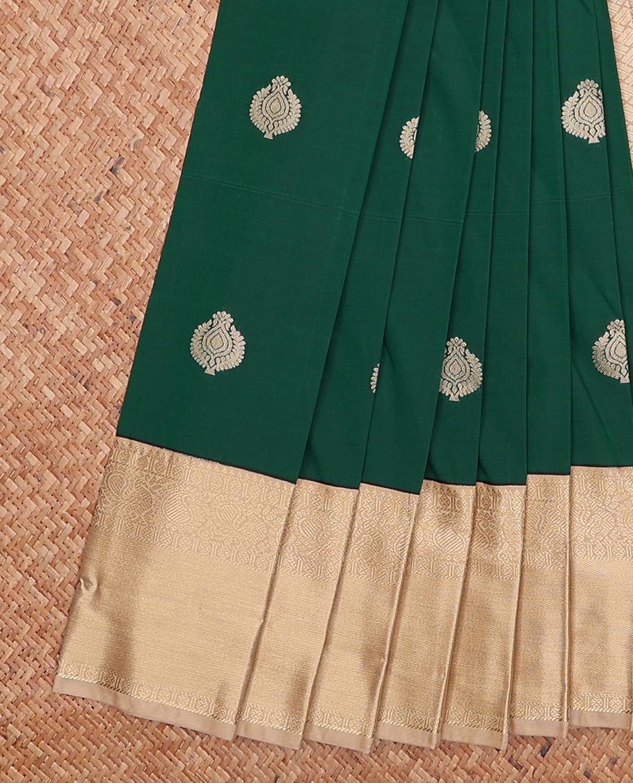 Green zari buttas gift saree, contrast traditional zari design border, and jaal pallu