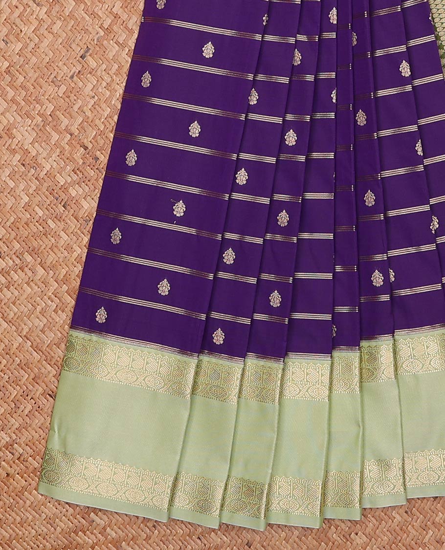 Violet zari buttas and striped gift saree, contrast traditional zari design rettai pettu border, and jaal pallu