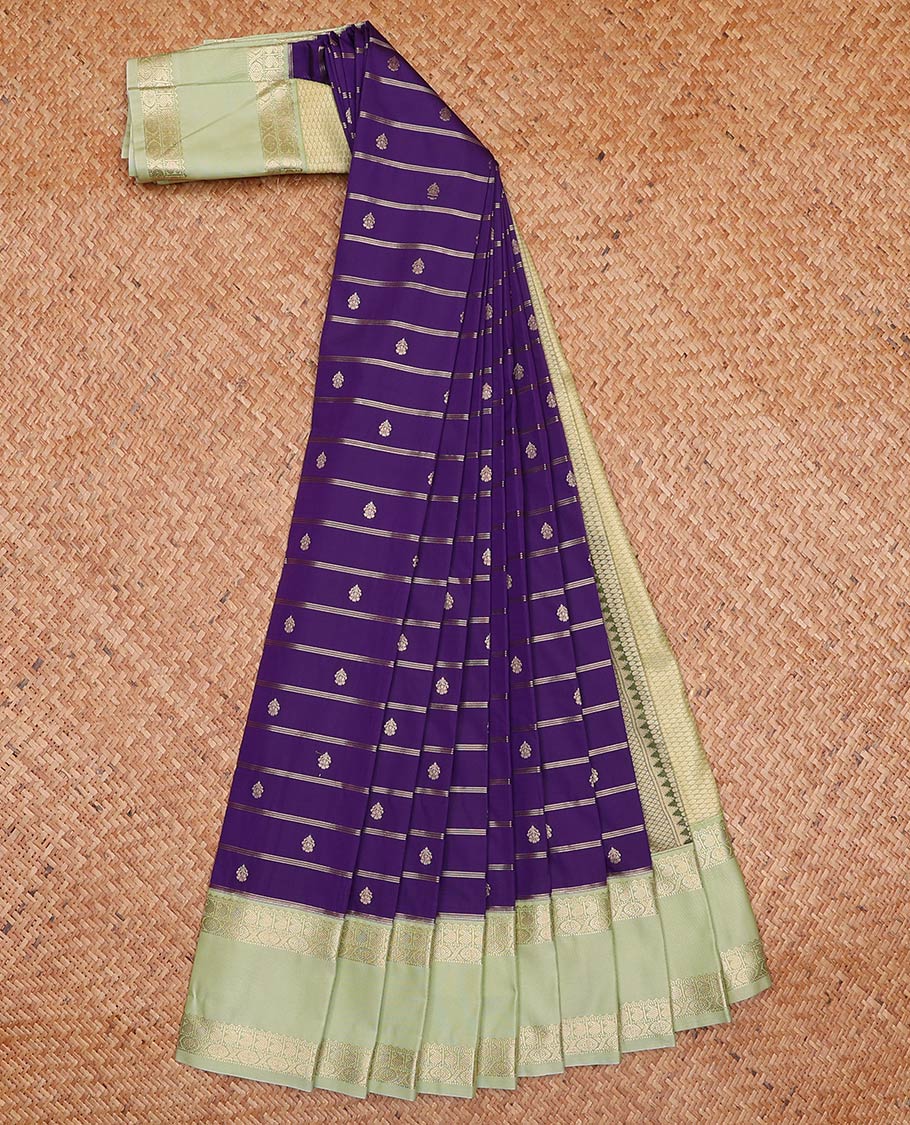 Violet zari buttas and striped gift saree, contrast traditional zari design rettai pettu border, and jaal pallu