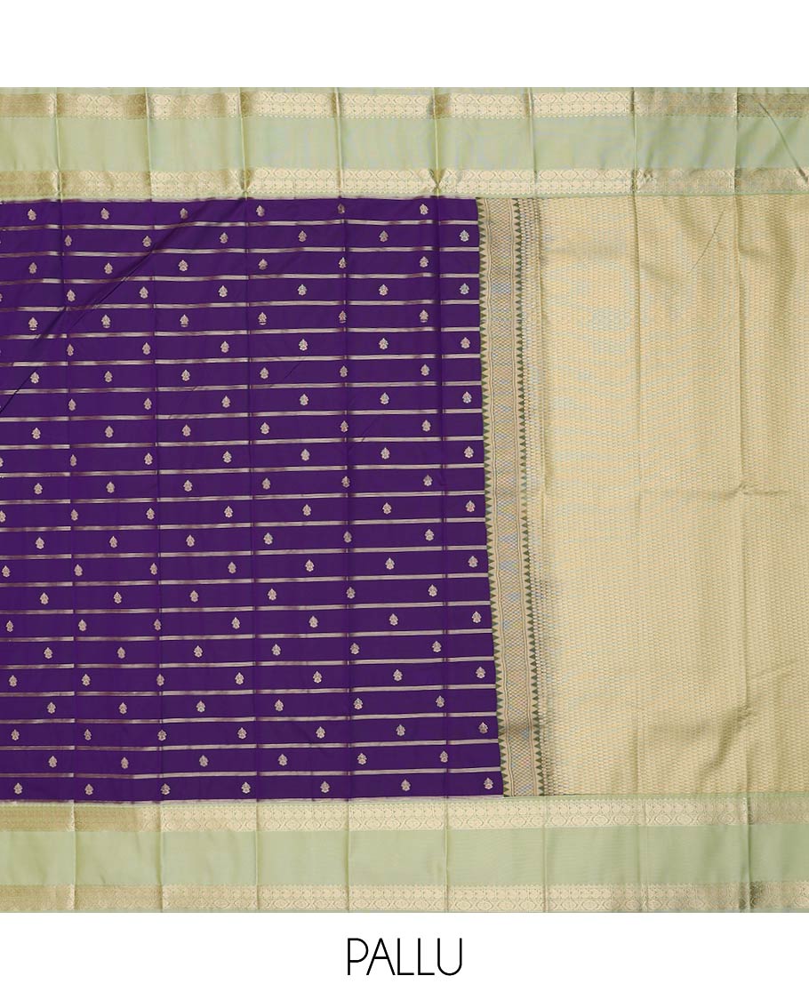 Violet zari buttas and striped gift saree, contrast traditional zari design rettai pettu border, and jaal pallu