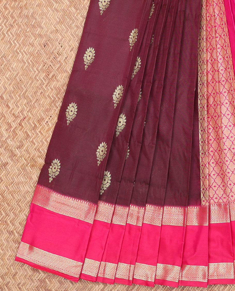 Maroon Budget Silk Saree, Embellished with Buttas All Over Its Body, Complemented by a Contrast Traditional Zari Design Rettai Pettu Border, Grand Pallu of Jaal Designs, and Paired with a Contrast Blouse