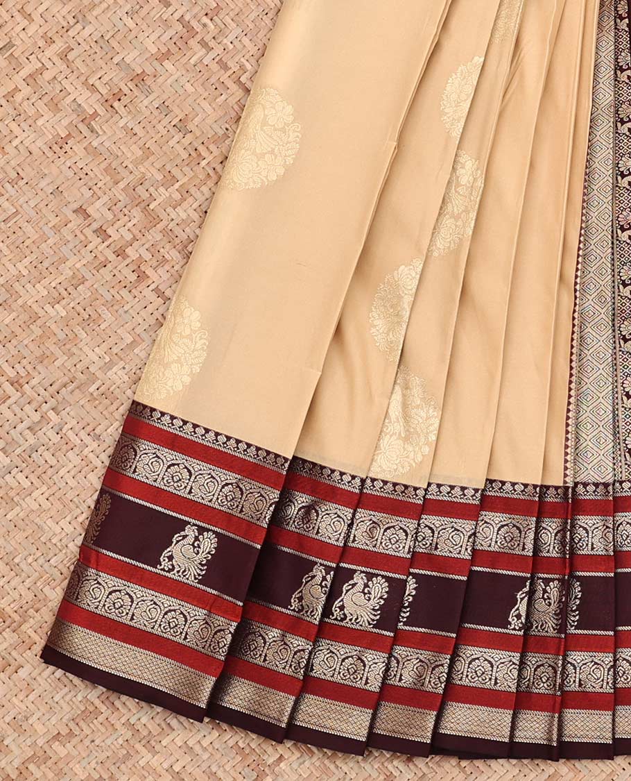 Sandal Budget Silk Saree, Subtly Sparkled with Round Zari Buttas All Over Its Body, Complemented by Contrast Traditional Zari Designs Woven Border, Grand Jaal Pallu and Paired with a Contrast Blouse