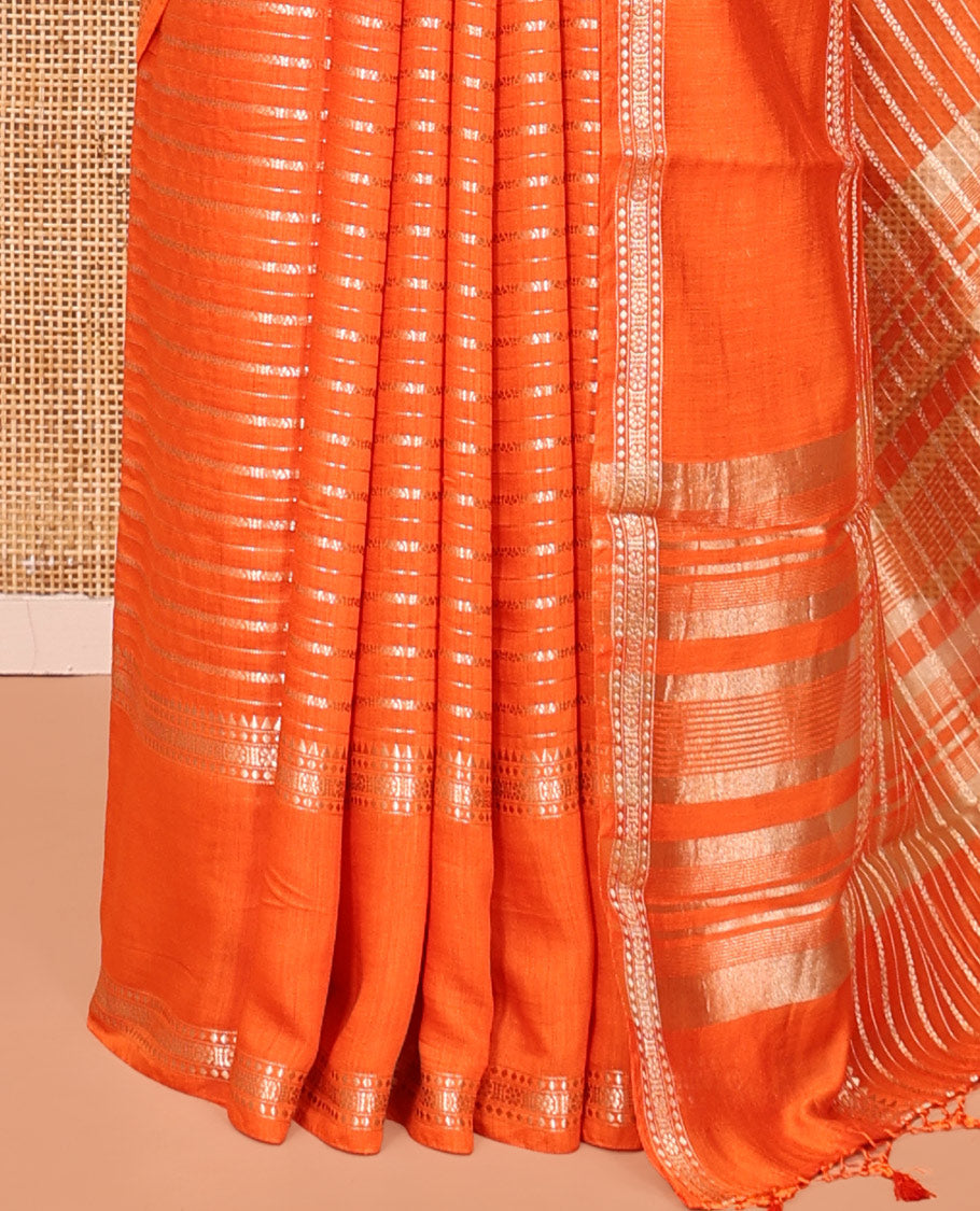 Orange Assam Silk Saree, Ornamented with Zari Stripes, Highlighted by a Traditional Border, Zari Striped Pallu, and a Matching Blouse