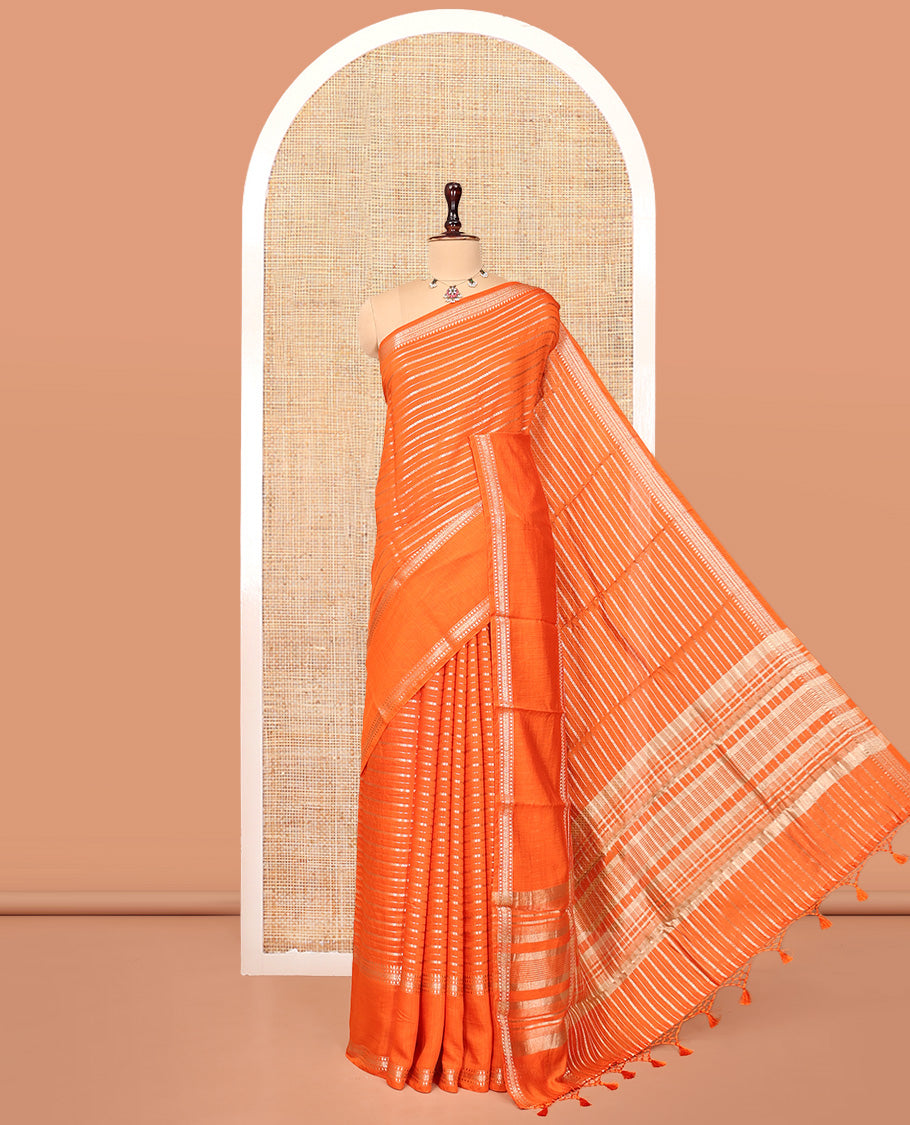 Orange Assam Silk Saree, Ornamented with Zari Stripes, Highlighted by a Traditional Border, Zari Striped Pallu, and a Matching Blouse