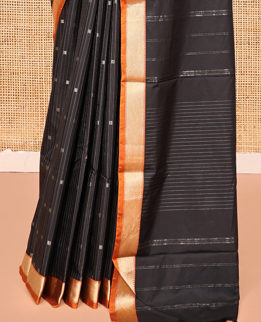 Black Budget Silk Saree, Detailed with Stripes and Buttas, Contrast Traditional Zari Border, Self-Pallu, and a Matching Blouse