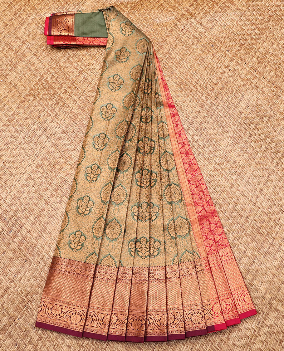 Green Budget Silk Saree, Embellished with Jacquard, Complemented by Contrast Traditional Zari Border, Intricate Pallu, and a Contrast Blouse