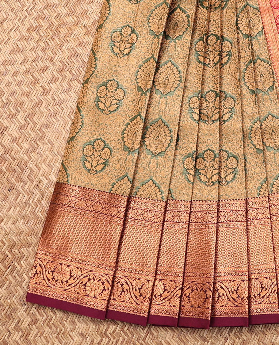 Green Budget Silk Saree, Embellished with Jacquard, Complemented by Contrast Traditional Zari Border, Intricate Pallu, and a Contrast Blouse