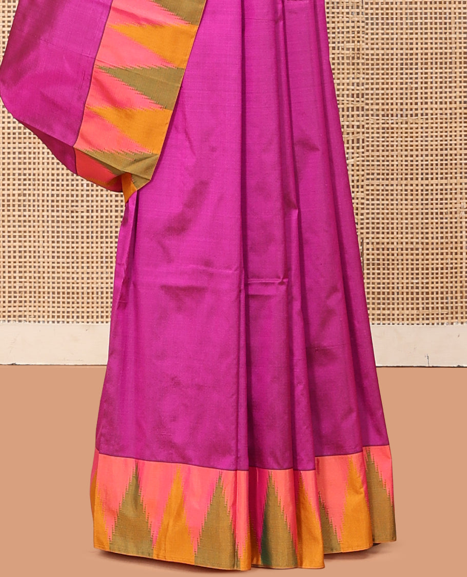Magenta Pink Plain Bangalore Silk Saree, a Complemented by a Contrast Temple Border, Striped Pallu, and a Contrast Blouse