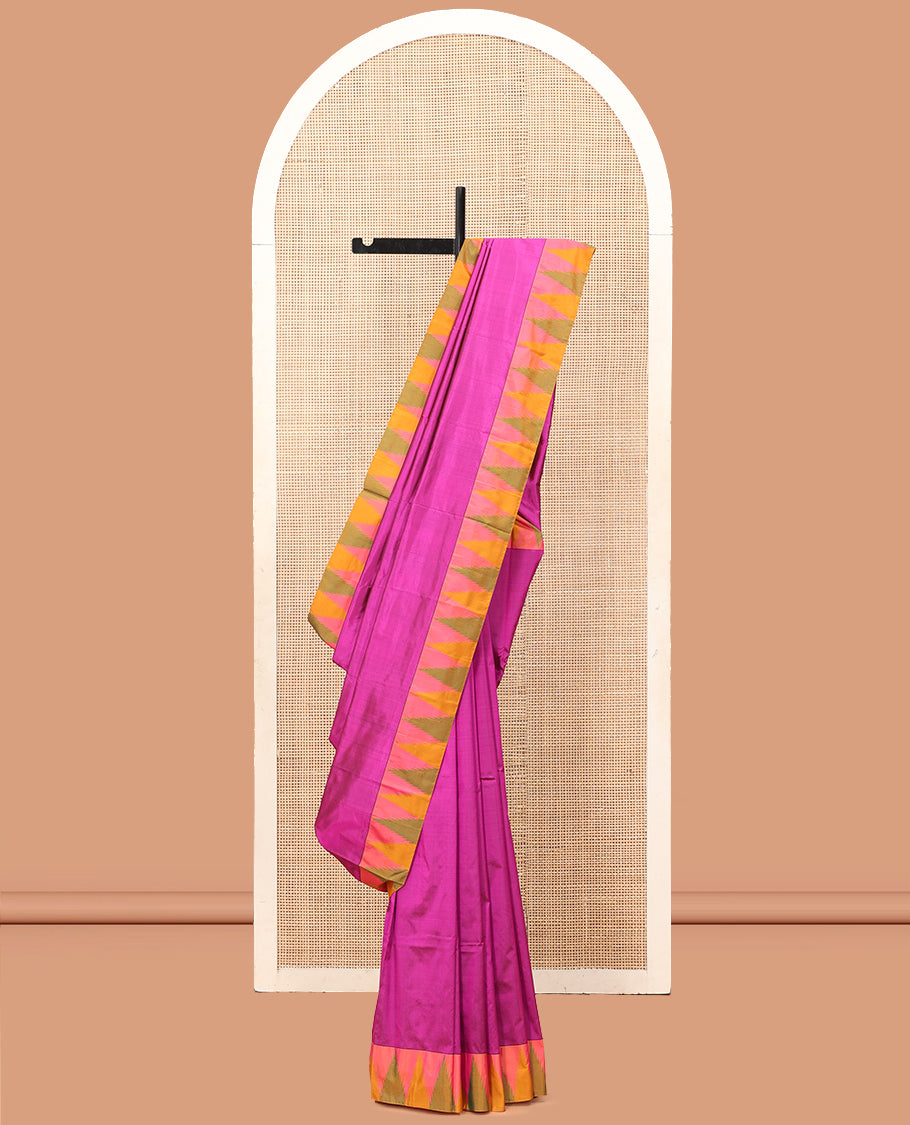 Magenta Pink Plain Bangalore Silk Saree, a Complemented by a Contrast Temple Border, Striped Pallu, and a Contrast Blouse