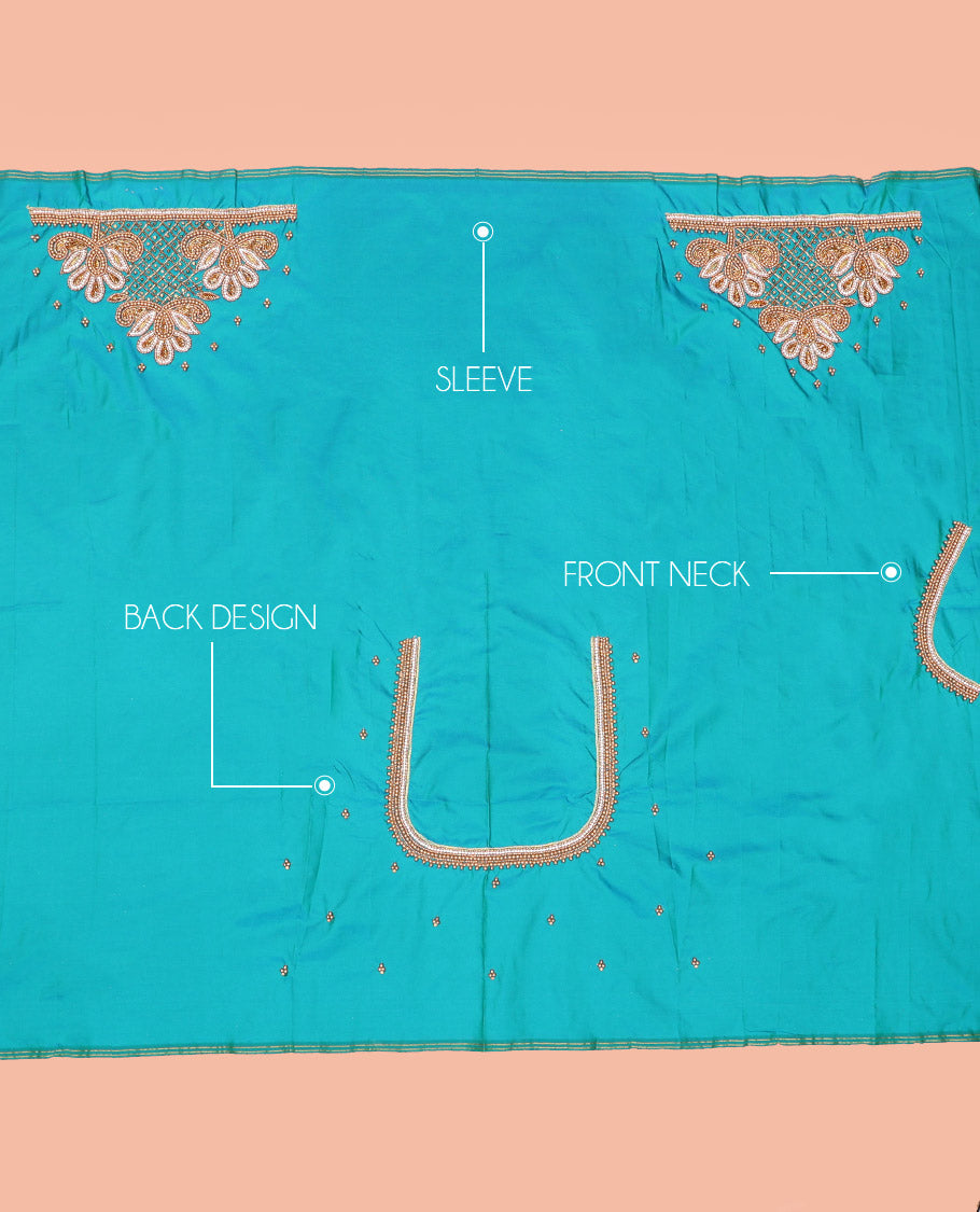 Blue Aari Material Blouse Accentuated with Bead and Zarkan Stone Mixed Embroidery