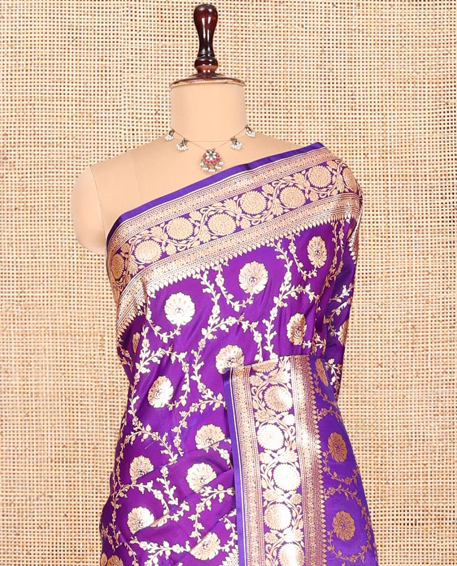 Violet Banarasi Nylon Saree, Prettified with Jaal Jacquard, Floral Creeper Zari Border, Intricate Pallu, and a Matching Blouse