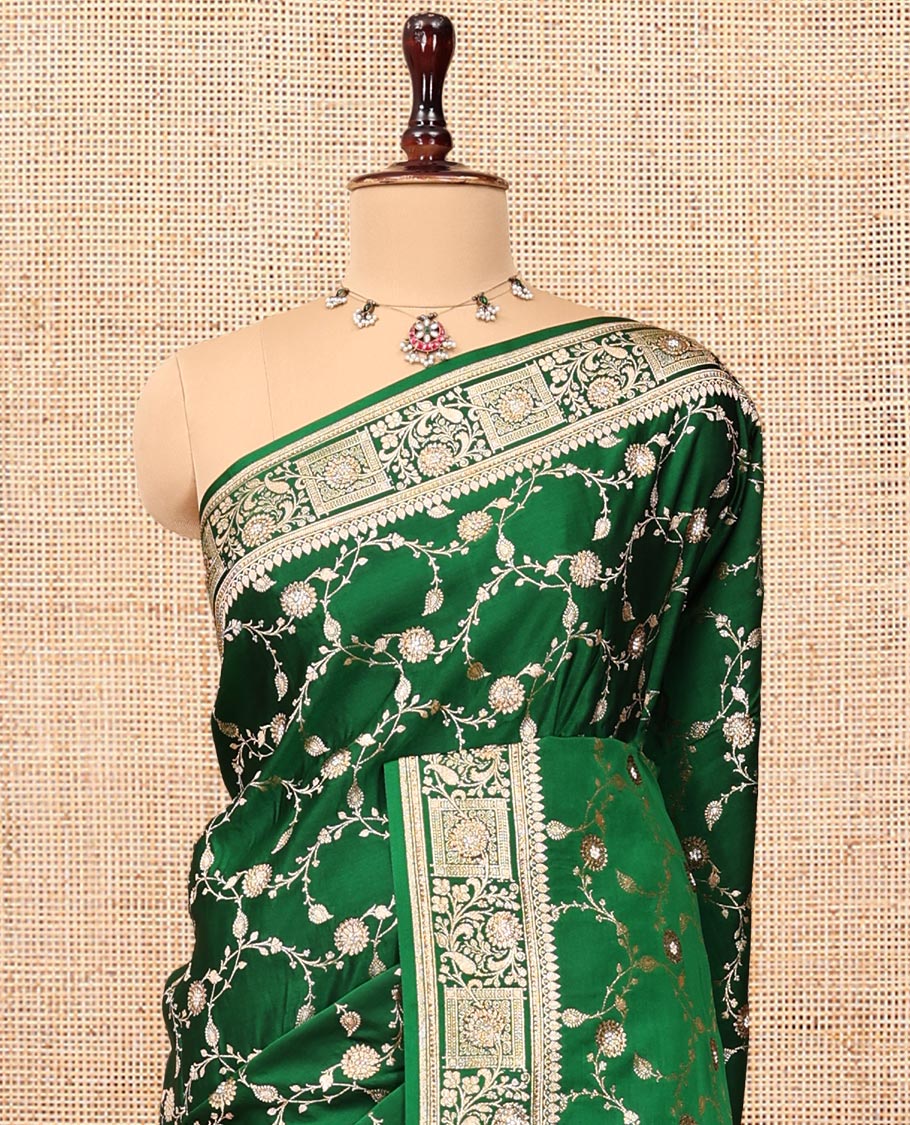 Green Banarasi Satin Saree, Enriched with Floral Jaal Jacquard, a Self-Border, Intricate Stonework Pallu, and a Matching Blouse