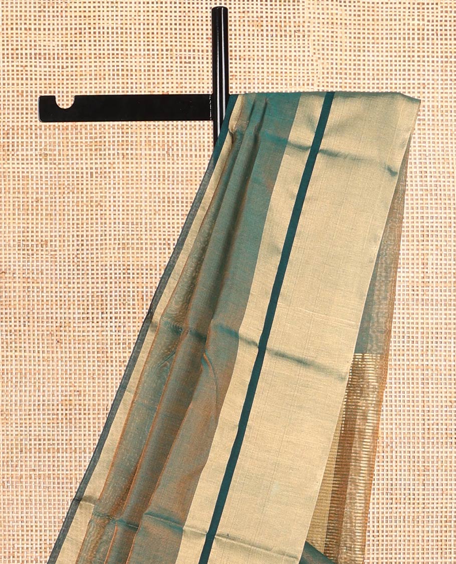 Green chanderi cotton saree with contrast border & striped pallu