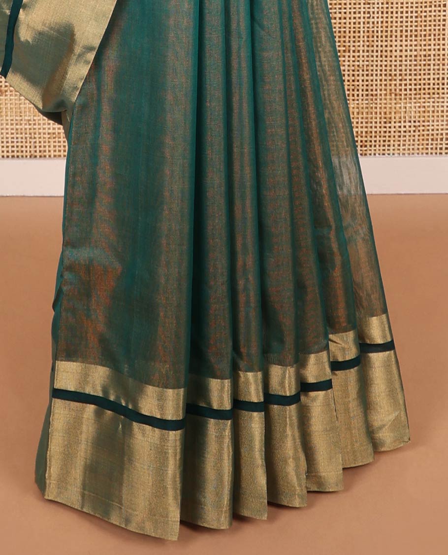 Green chanderi cotton saree with contrast border & striped pallu