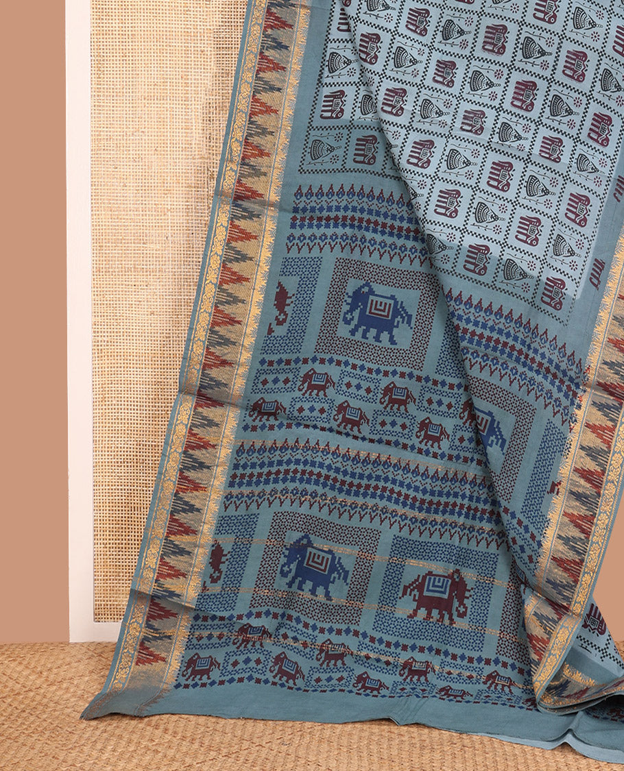 Grey Sungudi Cotton Saree Artfully Printed with Butta Enclosed Checks, Highlighted by Contrast Zari and Print Work Temple Border, and Pallu Printed with Patola Motifs
