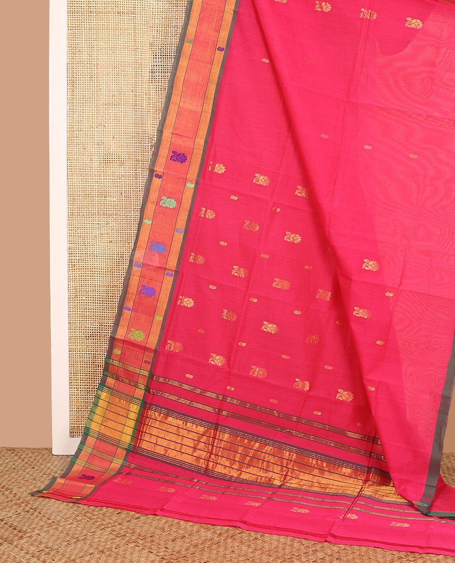 Pink zari buttas Venkatagiri cotton saree, contrast thread floral motifs border, and pallu of zari stripes