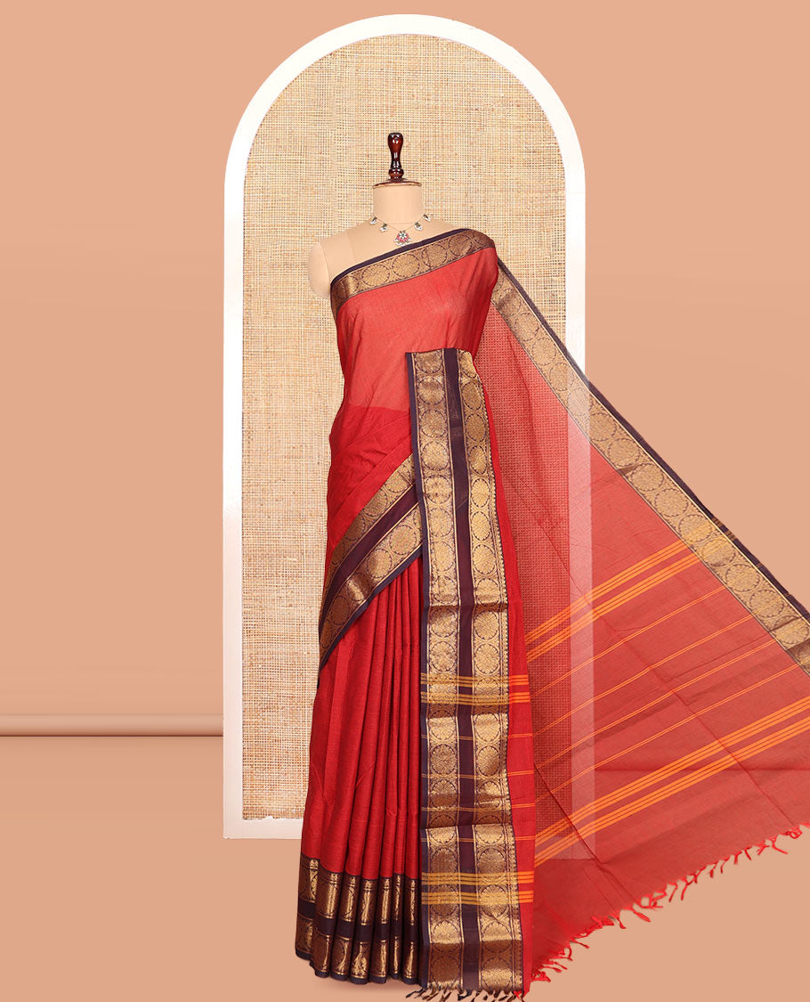 Rust Plain Chettinad Cotton Saree, Complemented by a Contrast Rettai Pettu Traditional Zari Border, Striped Pallu, and a Matching Blouse
